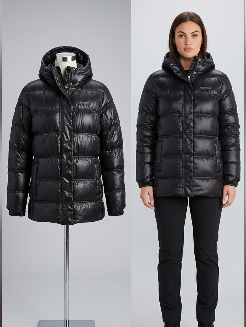 Women’s Marmot 650 Fill Power Down Puffer Jacket Black Glossy Hooded Winter Coat